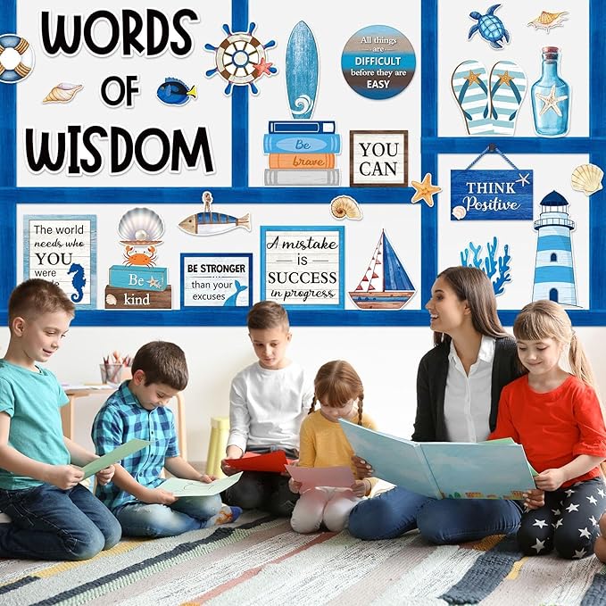 57 Pcs Nautical Bulletin Board Set Inspirational Ocean Bulletin Board Decoration Positive Cutout Classroom Decoration for School Office Home Teacher Classroom Wall Supplies
