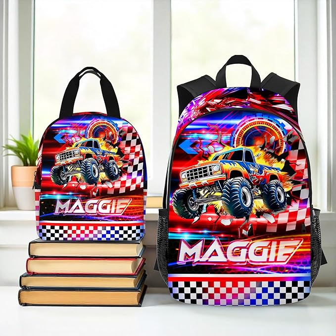 Custom Boys Truck Backpack with Lunch Box Personalized Name Bookbag Back to School Kids Backpacks for Elementary Middle School