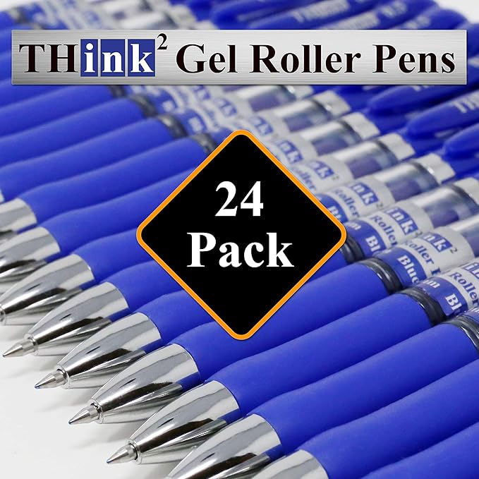 [24 Pens - Blue Ink] Think2 Retractable Gel Pens. (24 Blue) Fine Point (0.5mm) Rollerball Pens with Comfort Grip.