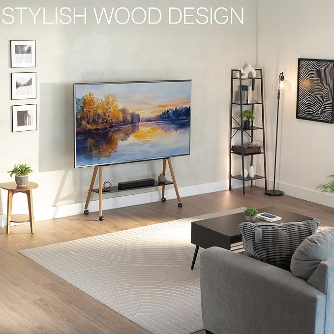 VIVO Rolling Artistic 50 to 90 inch LED LCD Screen Mobile Studio TV Easel Stand, Wood Accessory Shelf, Adjustable TV Mount with 4 Walnut Legs, Black Frame, STAND-TV90R