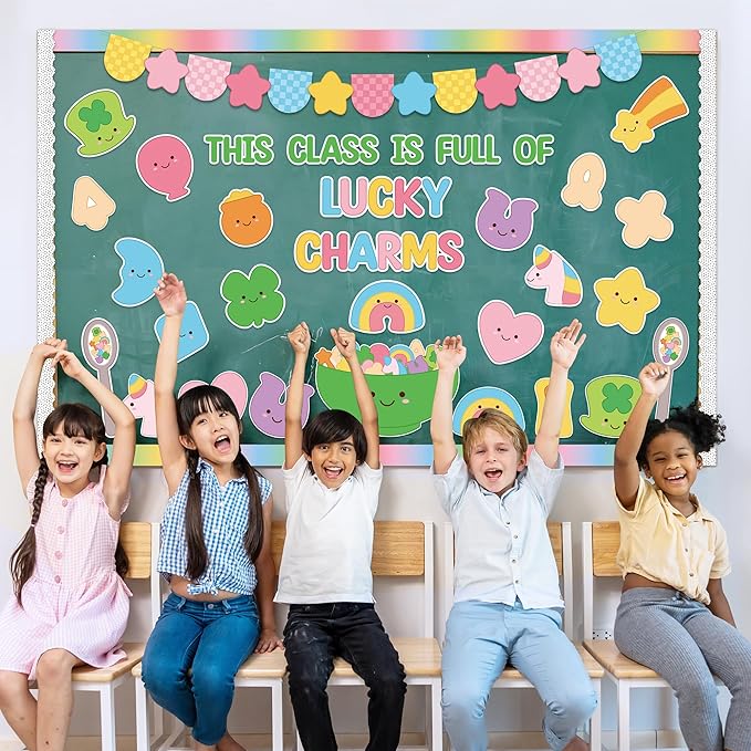 St. Patrick's Day Bulletin Board - 118pcs Lucky Charms Cutout with Banner Decor Set, Shamrock Rainbow Clover Chalkboard Classroom Wall School Accents Ideas Kits for Irish Day Party Supplies