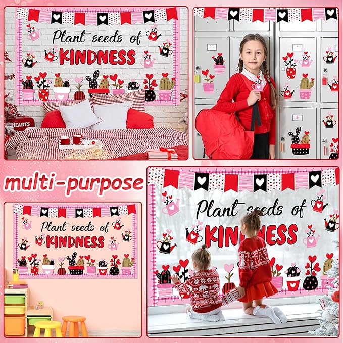 Valentine's Day Bulletin Board Set Plant Kindness Valentines Classroom Decorations Positive Motivational Potted Plant Love Heart Paper Cutouts for Party School Home Chalkboard Wall Decor Supplies