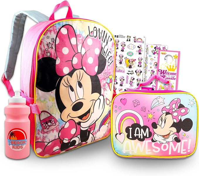 Disney Minnie Mouse Backpack with Lunch Box - Bundle 16" Backpack, Lunch Bag, Stickers, More | Minnie School Supplies (Pink)