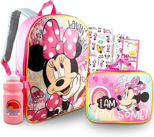 Disney Minnie Mouse Backpack with Lunch Box - Bundle 16" Backpack, Lunch Bag, Stickers, More | Minnie School Supplies (Pink)