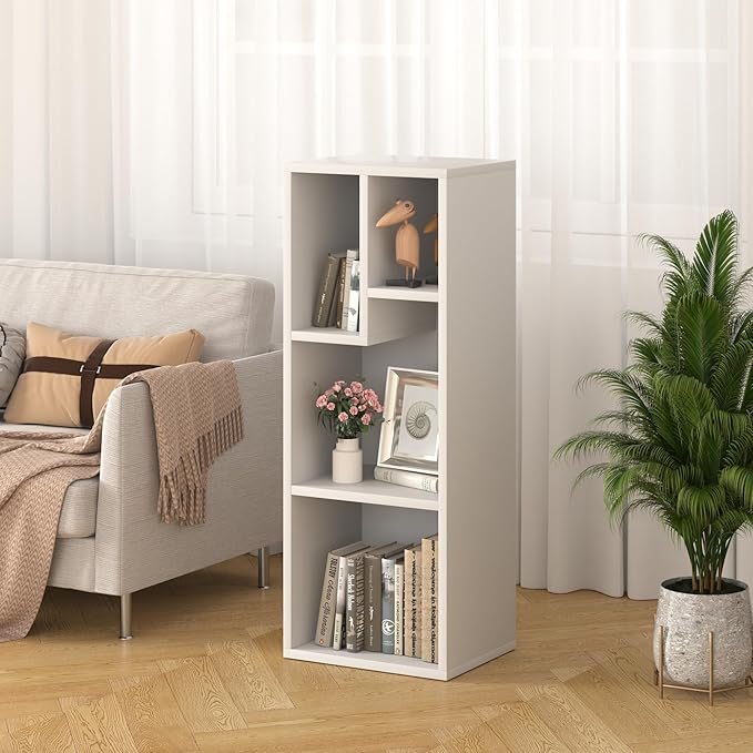 VECELO Small White Bookshelf, 4 Cube Slim Bookcase, Fits Tallest Hardcovers, Horizontal Available, Modern Floor Standing Unit, Each Shelf Hold Up to 66 LBS,White