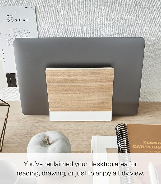 YAMAZAKI Home Rin Portable Laptop Holder Stand for Desk in Bedroom Or Office, Wooden Storage Station - Steel + Wood