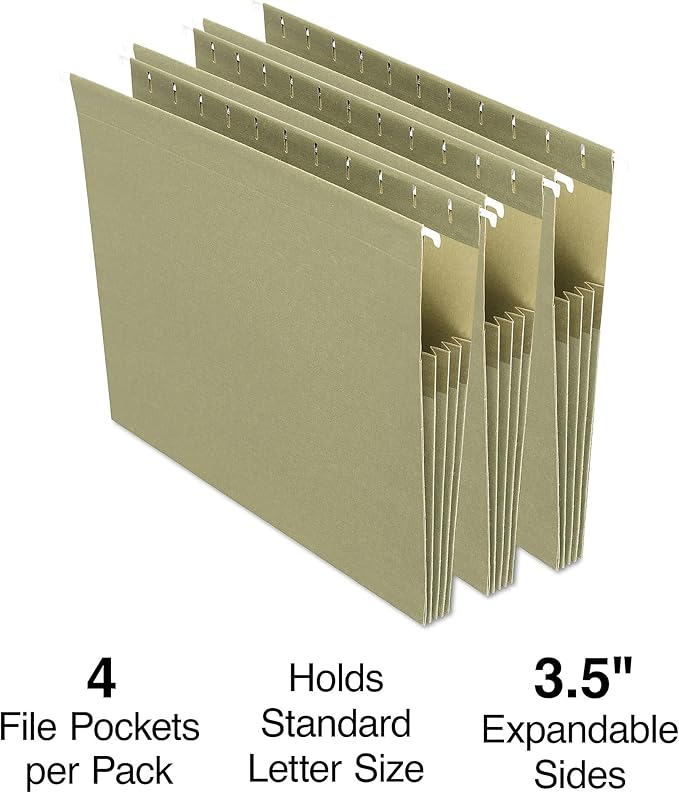 Staples Hanging File Pockets, Letter Size, 3.5" Expansion, Straight‑Cut, Standard Green – 4/Box