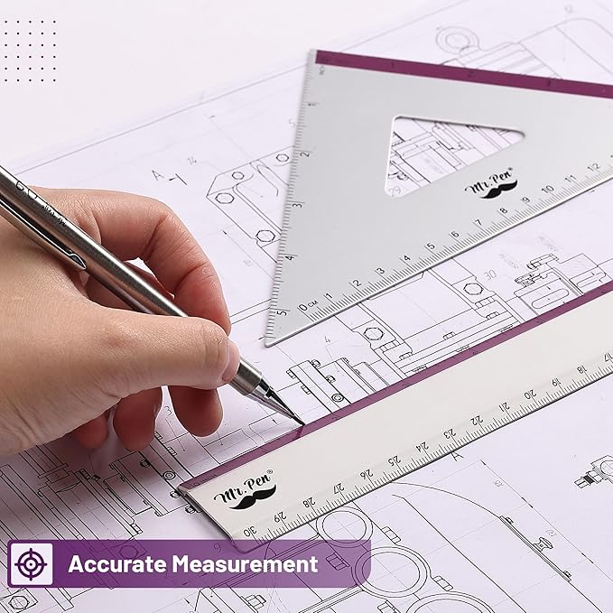Mr. Pen- Geometry Set, Purple Stripes, 4 Pack, Metal Geometry Kit, Triangle Ruler, Metal Ruler, Drafting Triangles, Metal Protractor, Metal Set Square, Drafting Ruler, Drafting Set
