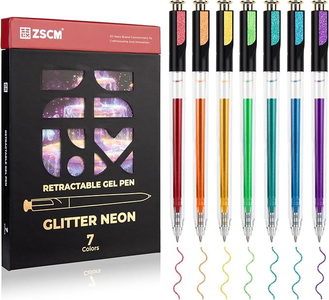 Retractable Glitter Neon Pens, 7 Colors Large Capacity UV Reactive Sparkle Gel Ink Pens for Adult Coloring, 1.0 mm Fine Point Smooth Writing Color Pen for UV Art Note Taking Aesthetic Art Supplies