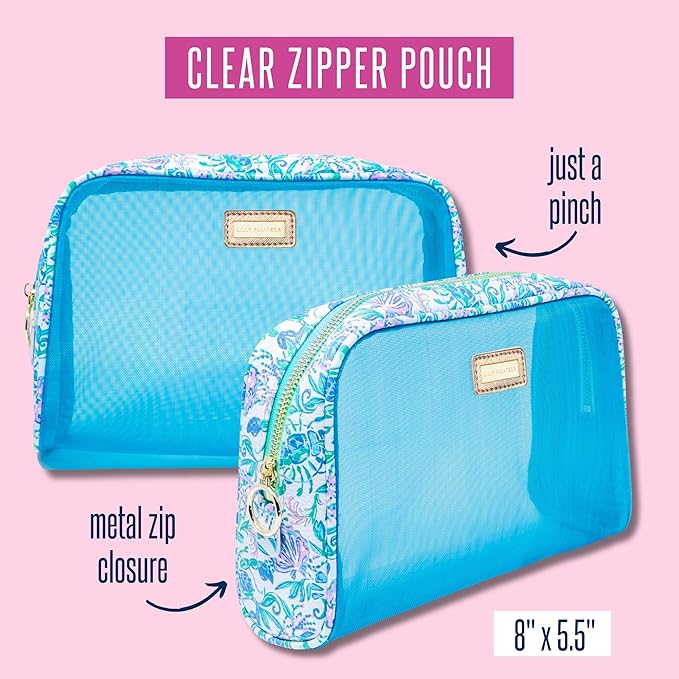 Lilly Pulitzer Clear Zipper Pouch, Cute Pencil Case for Adults, Travel Toiletry Bag, Small Pouch Bag for Supplies, Makeup or Toiletries, Just a Pinch