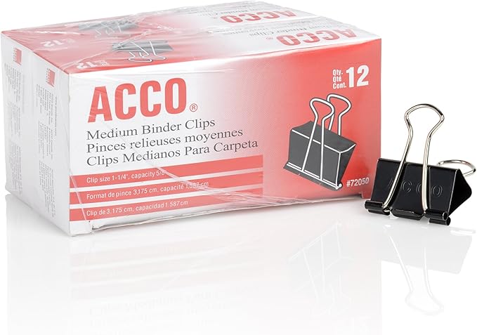 ACCO Binder Clips, Medium, Black, 12 per Box, 2 Boxes (72062)