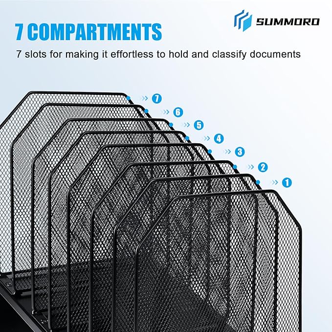 Inclined File Organizer for Desk, 7-Section Vertical File Folder Holder Office Desk Organizer Metal Rack File Wire Mesh Desktop Document Sorter for Office School Classroom Home (Black)