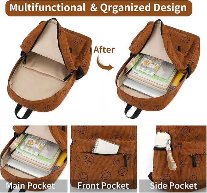Backpack for Girls Boy Teen Corduroy Bookbags Elementary Middle High School Women Laptop Bag with Lunch Box Pencil Bag (Smile Brown)