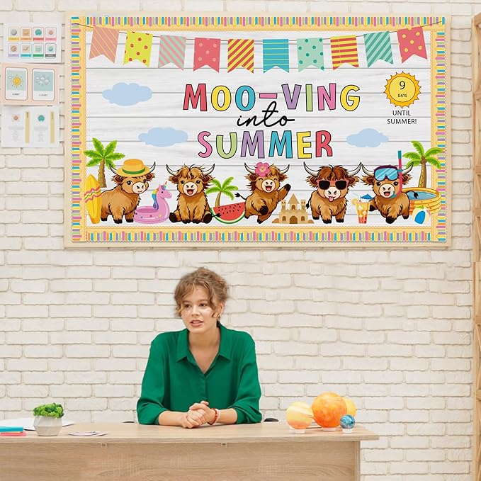 Summer Bulletin Board Set Highland Cow Bulletin Board Classroom Decorations Mooving Into Summer Cutouts for Teacher Classroom School Office Chalkboard Wall Library Window Home Decor