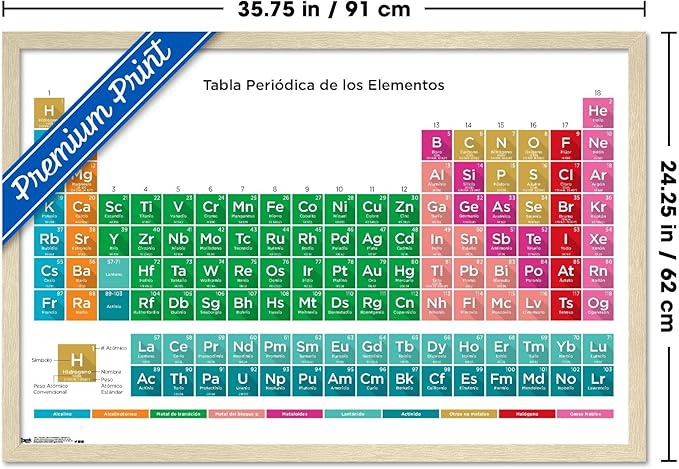Periodic Table Of Elements - Spanish Wall Poster, 34L" x 22.4W", Blonde Framed Version