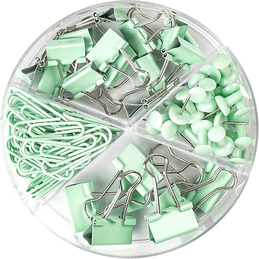 97 PCS Office Supplies for Women, Paper Clips, Binder Clips and Push Pins Set, Paperclips Thumb Tacks School and Home Desk Supplies, Desk Organized (Green)