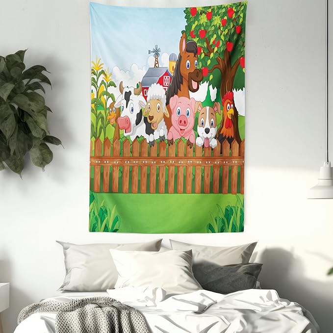 Ambesonne Cartoon Tapestry, Composition Farm Animals on Fence Comic Mascots Dog Cow Horse Design, Fabric Wall Hanging Decor for Bedroom Living Room Dorm, 23" X 28", Green Multicolor