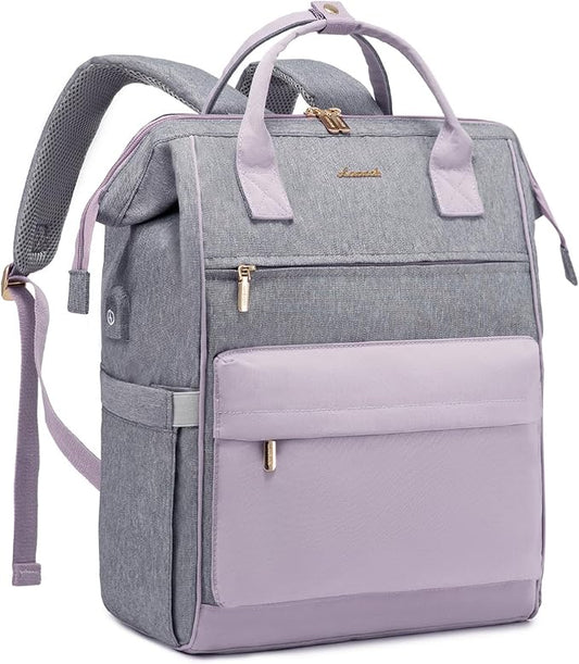 LOVEVOOK Laptop Backpack for Women, 17 Inch Work Teacher Nurse Bag, Large Capacity Business Computer Backpack Purse with USB Port, Stylish Casual Daypack for Travel,Grey&Light Purple