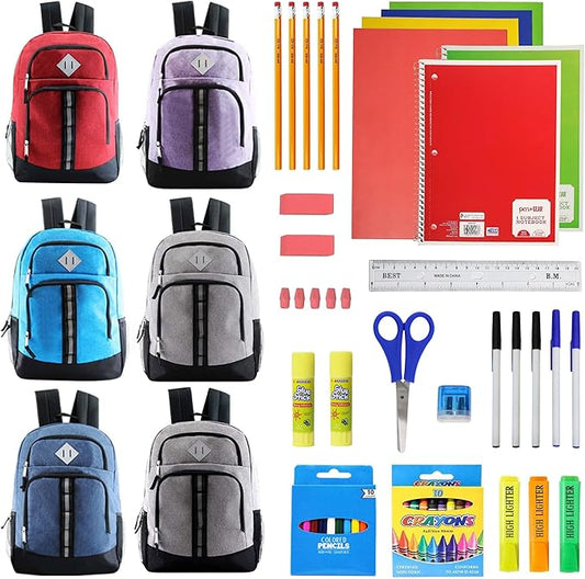 6-Pack 18” Sport Backpacks with 52 Piece School Supplies Kits - Pens, Pencils, Crayons – Bulk Bundle for Elementary, Middle, and High School Students