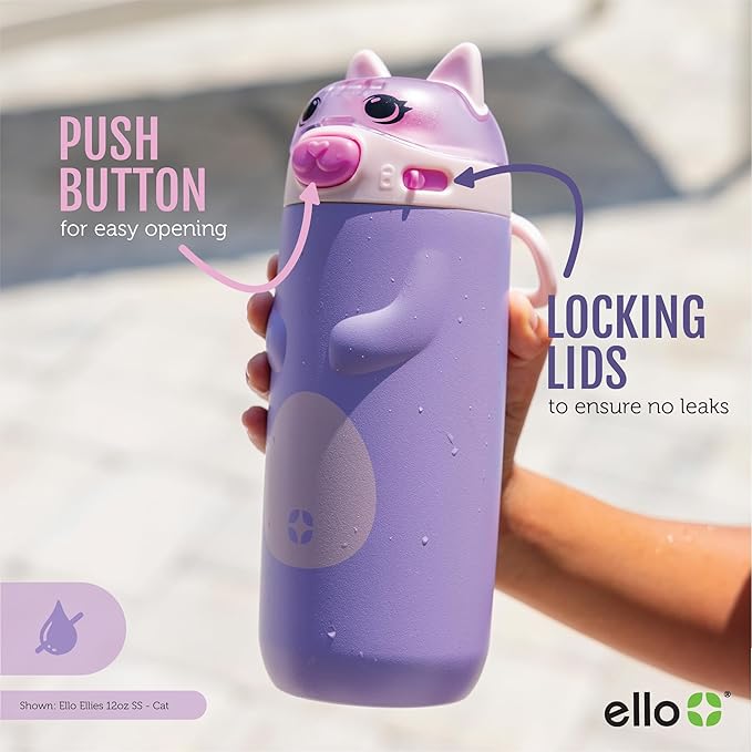 Ello Ellies 12oz Vacuum Insulated Stainless Steel Kids Water Bottle with Straw & Built-in Carrying Handle & Leak-Proof Locking Lid for School Backpack, Lunchbox and Outdoor Sports, Cat (Pack of 6)