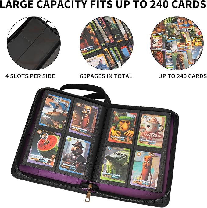 Wonderpool Card Binder A5 Album Zippered 4-Pocket Trading for 240 Cards - Leather PU Card Holder Collection Storage Folder, Side-Loading for Photo Pokemon, MTG, TCG, Yugioh, Sports Cards (Purple)