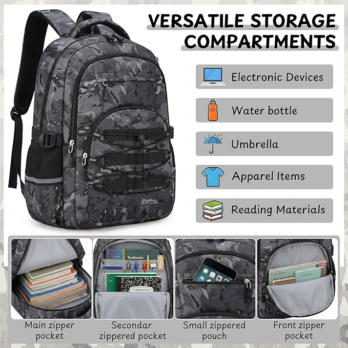 School Backpacks for Boys - 4pcs Camo Boys Backpacks with Lunch Box Set for Kids Teens Elementary Middle School, 18″ Large Capacity Students Bookbag, Perfect for Travel