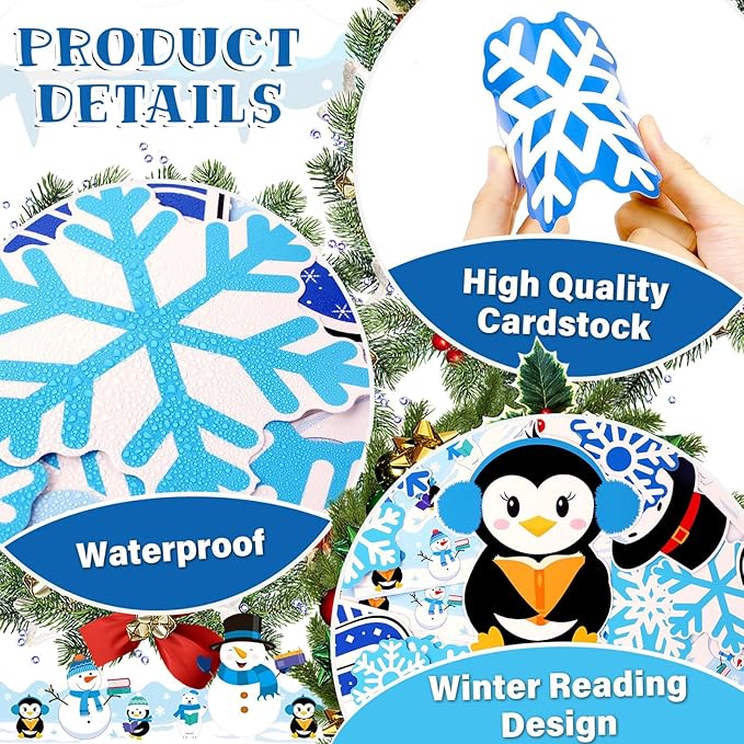 Winter Reading Bulletin Board Decoration Set Snowflake Snowman Penguins Cutouts Christmas Winter Snowflake Bulletin Board Borders Classroom Decorations for Holiday Party School Home Door Wall(Winter)