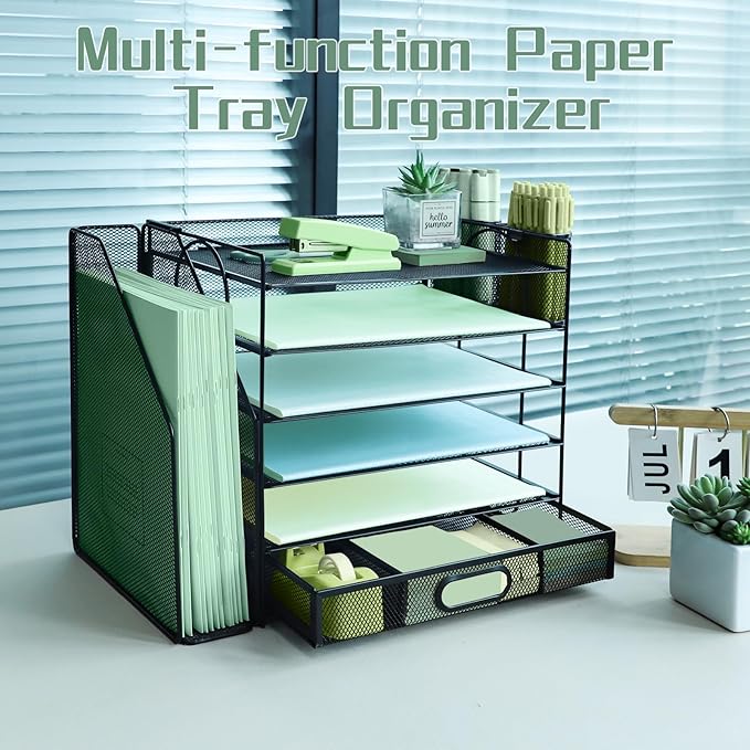 6 Tier Desk File Organiser with Extra Vertical File Sorter, Paper Letter Tray with Top Stationery Drawer Holder, A4 Paper Desktop Filing Trays, Magazine Document Holder for Home Office, Black