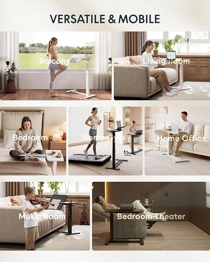 FLEXISPOT Adjustable Height C-Shaped End Table with Split Tilting Top – Mobile Side Table for Sofa & Bedside, Slides Under Furniture, Hidden Wheels for Small Spaces(31.6" W x 15.7" D,White)
