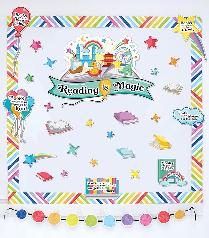 Carson Dellosa 53 pc Bundle Reading is Magic Set, Retro Rainbow, Balloons, Books, and Star Cutouts with Inspirational Quotes for Bulletin Board Classroom Decor