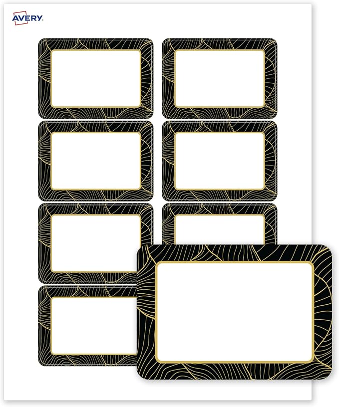 Avery Printable Rectangle Adhesive Name Badges, Pre-Printed Black Border with Gold Pattern, Matte White, 2-1/3" x 3-3/8", Laser & Inkjet Compatible, 80 Total, Great for Branding, Marketing, and Events