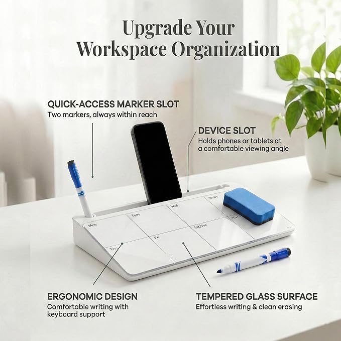 Birch Small Desktop Glass Whiteboard & Magnetic Calendar – Dry Erase Desk Pad Keyboard Stand with Storage, Adjustable Dividers, 3 Markers & Holder – Office, Home & School (Cloud)