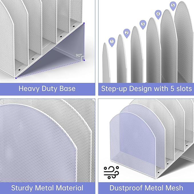5-Section Desk File Organizer, Vertical File Organizer for Desk, Mesh Mail Holder for Letter Size Folders, White
