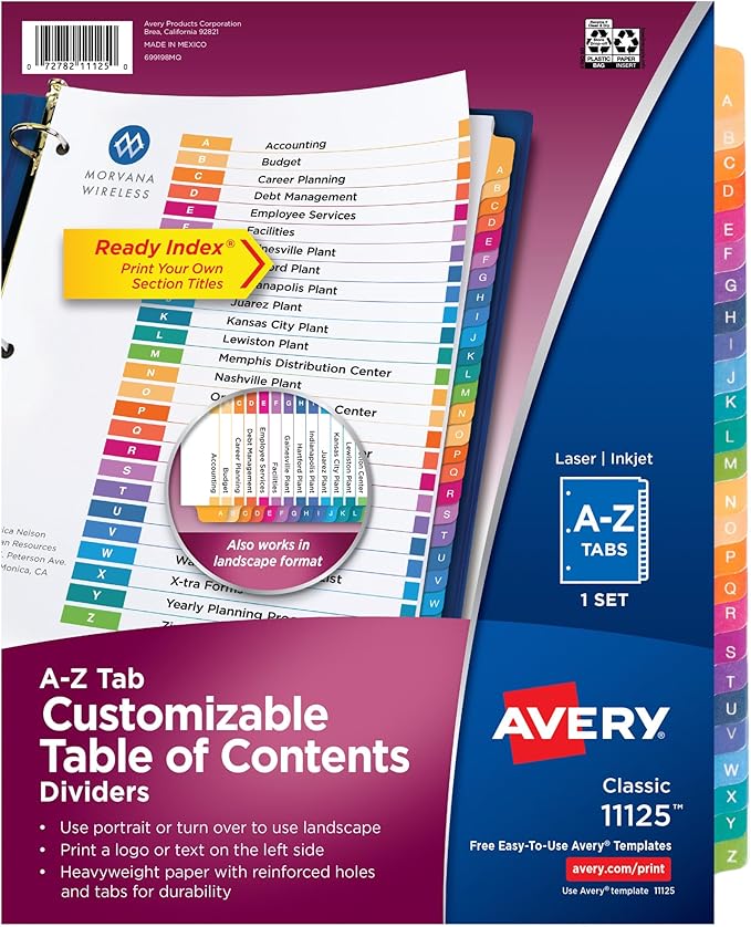 Avery A-Z Dividers for 3 Ring Binders, 26 Tabs per Set, Customizable Table of Contents, Multicolor Tabs, Great for Organizing Reports, Projects, and More (12 Sets of 11125)