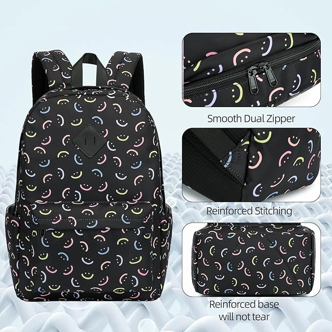 School Backpack for Girls, 3PCS Bookbags Set with Lunch Box Pencil Pouch Elementary Middle School Bag Laptop Back Packs (Smile Black)