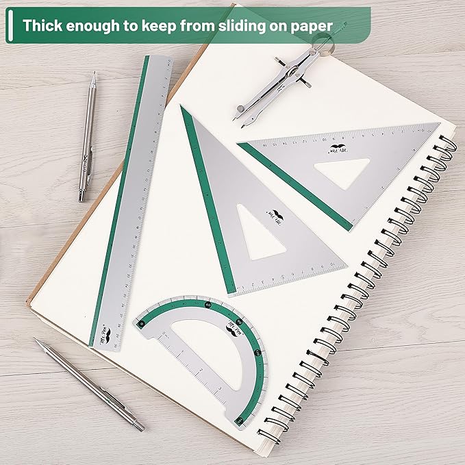 Mr. Pen- Geometry Set, Green Stripes, 4 Pack, Metal Geometry Kit, Triangle Ruler, Metal Ruler, Drafting Triangles, Metal Protractor, Metal Set Square, Drafting Ruler, Drafting Set