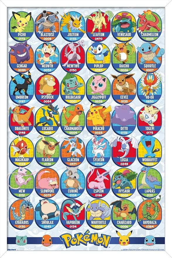 Pokémon: All-Time Favorites - Grid Wall Poster, 22.4L" x 14.7W", White Framed Version