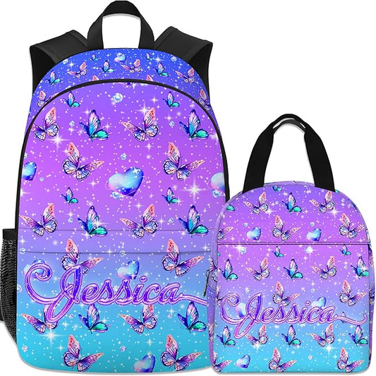 Custom Kids Backpack with Lunch Box Personalized Name Bookbag for Girls Back to School Purple Backpacks for Elementary Middle School Boys