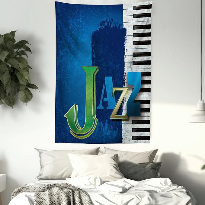 Ambesonne Jazz Music Tapestry, Abstract Cracked Background Piano Keys Themed Print Rhytym Image, Fabric Wall Hanging Decor for Bedroom Living Room Dorm, 23" X 28", Navy Green White