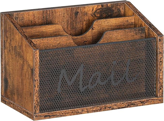 Mail Organizer Countertop, Mail Holder with 3 Slots, Mail Sorter for Desk, Wooden Office Desk Organizer, Mail Organizer for Magazines, Files, Papers, Folders, Rustic Brown and Black MR03BR