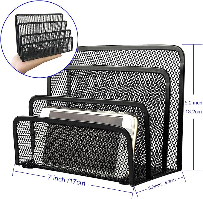Desk Mail Organizer, File Holder Letter Sorter with 3 Vertical Upright Metal Mesh Compartments Document, Filing, Folders, Mail, Paper Organizer for Home or Office Desktop (2PCS)