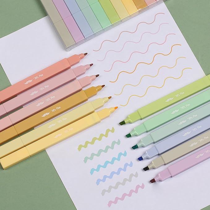 Mr. Pen- Dual Tip Aesthetic Highlighters, 12Pack, Chisel & Fine Tips, Pastel Colors, Cute Assorted Colors, Cute High lighters for School, Highlighter Set