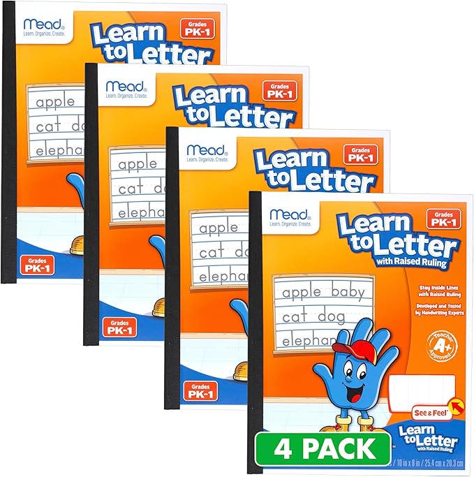 Mead Learn to Letter Writing Tablet, Handwriting Practice Pad Grades PK-1, 10" x 8", Solid & Dotted Raised Ruling, 40 Sheets, 4 Pack (480018)