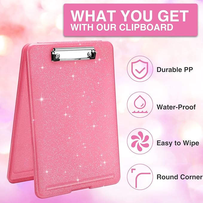 Sooez Glitter Clipboard with Storage, Cute Clip Boards 8.5x11 with Storage, Sparkle Plastic Clipboard Folder for Women, Nurse Accessories Essentials, Office & School Supplies, Letter Size A4, Rose Red