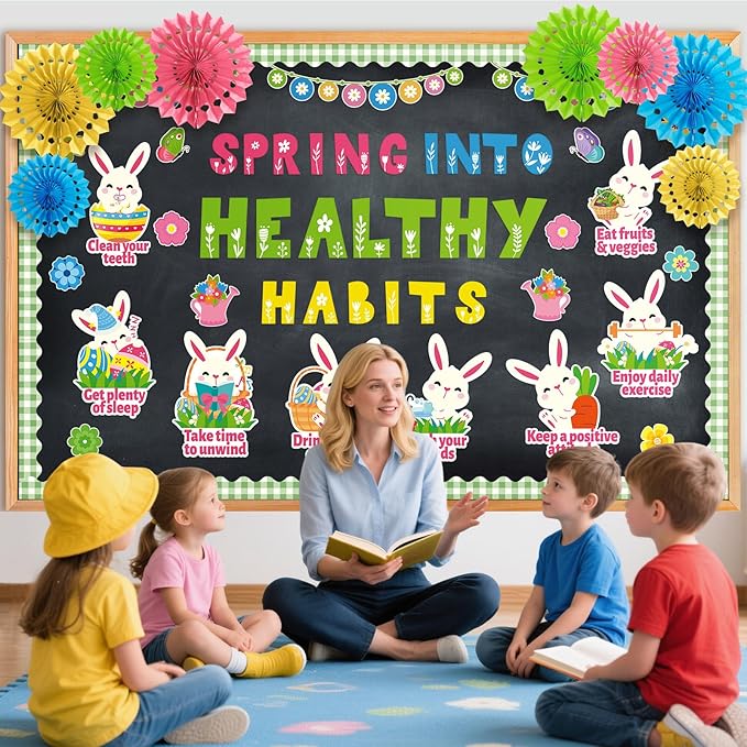 Spring Health Bulletin Board Decorations Spring into Healthy Habits Classroom Bulletin Board Set with 3D Paper Fans Easter Bunny Health Cutouts for School Home Door Wall Chalkboard Decor