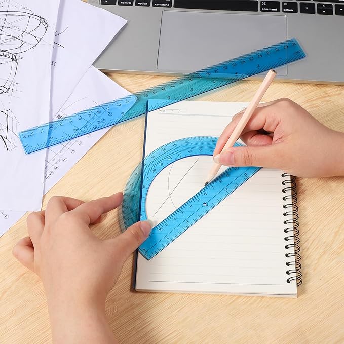 4 Pcs Ruler Protractor Set, Blue 12" Ruler and 6" Protractor 180 Degrees Angle Measurement Geometry Set with Inches Centimeters for Office School Classroom Home Drawing Supplies