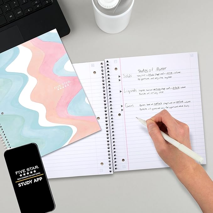 Five Star Spiral Notebook + Study App, 1 Subject, Wide Ruled, 8" x 10-1/2", 80 Sheets, Fights Ink Bleed, Water Resistant Cover, Pastel Waves (930060F)