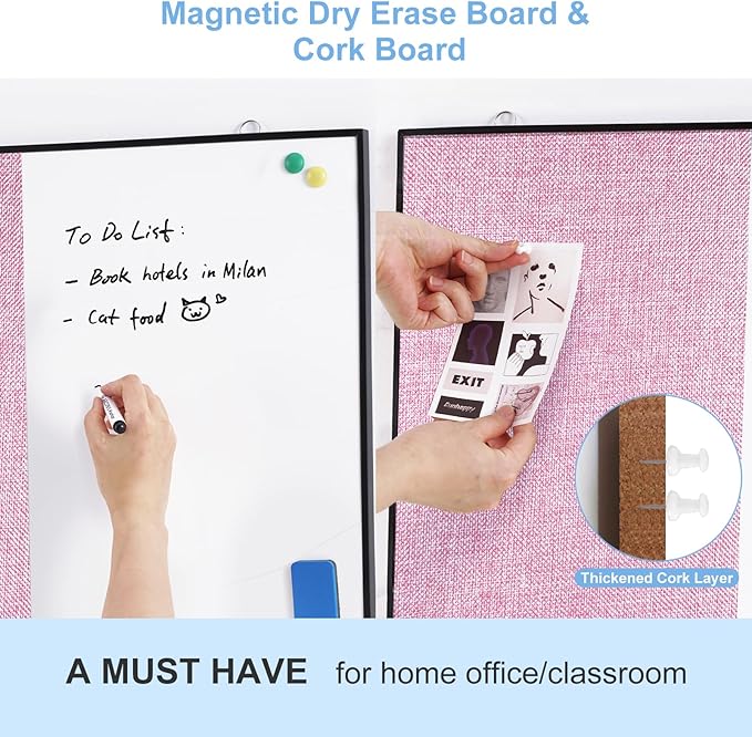 ARCOBIS Cork Board White Board Combo, 24"X18" Linen Bulletin Board Whiteboard for Wall, Double-Sided Magnetic Dry Erase Corkboard for Home, Office, School, Pink
