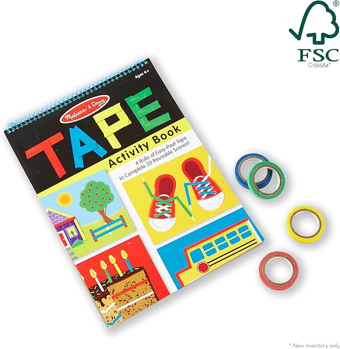 Melissa & Doug Tape Activity Book for Kids with 4 Easy-Tear Tape Rolls (Blue, Green, Red, Yellow) & 20 Reusable Scenes on Spiral-Bound Sheets, Road Trip Activities & Travel Toys for Kids Ages 4+