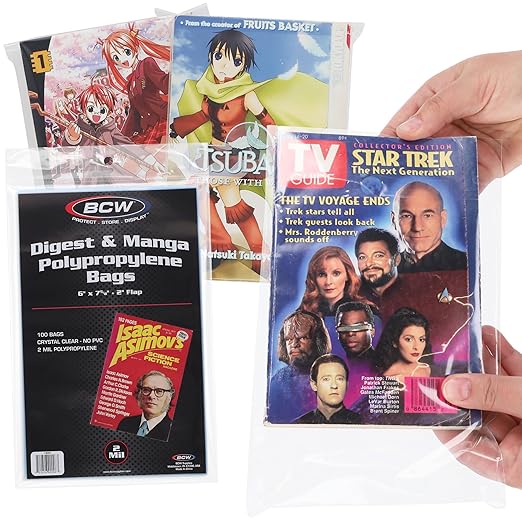 BCW Digest & Manga Polypropylene Bags – 100 Pack | Clear Acid-Free Manga & Digest Book Protector Bags with Fold-Over Flap | Archival-Safe Storage for Manga & Reader’s Digest